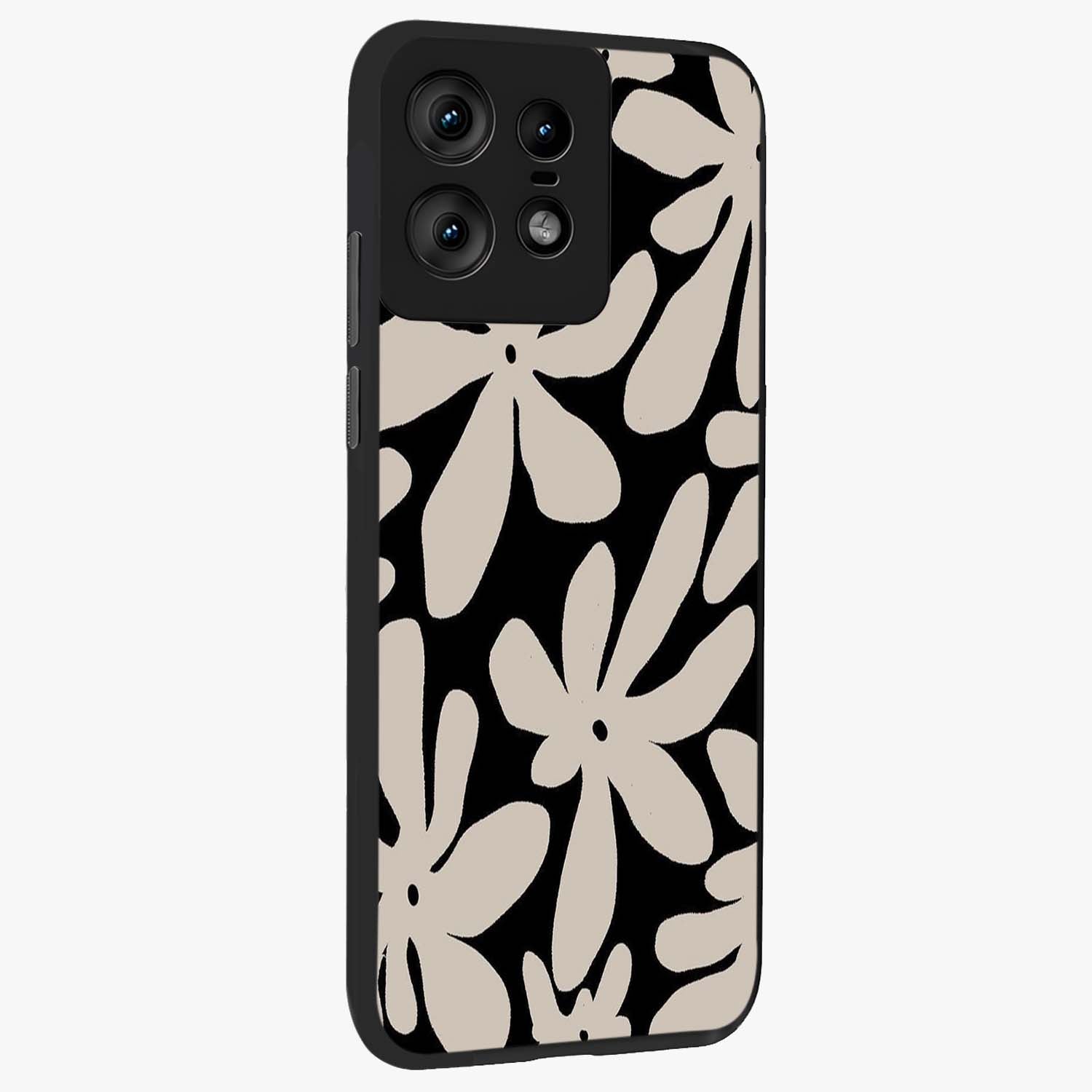 Monochrome Petal Dance Glass Case upright view showcasing artistic floral pattern with stylish monochrome theme.