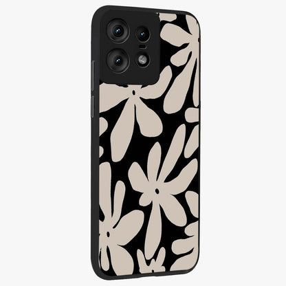 Monochrome Petal Dance Glass Case upright view showcasing artistic floral pattern with stylish monochrome theme.