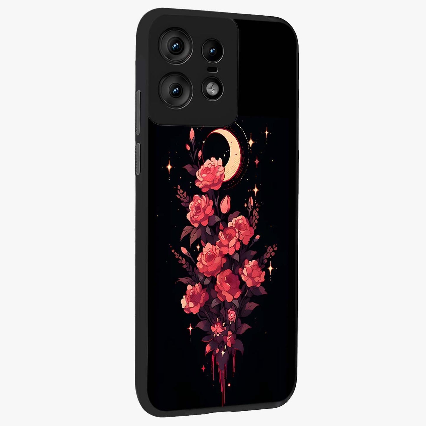 Moonlit Floral Elegance Glass Case upright view showcasing delicate floral artwork with refined night inspired theme.