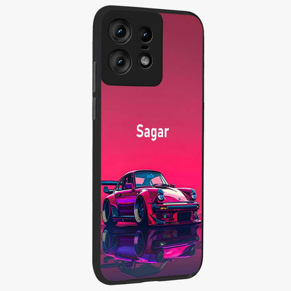 Neon Pink Porsche Glass Case upright view showcasing vibrant sports car artwork with bold automotive theme.