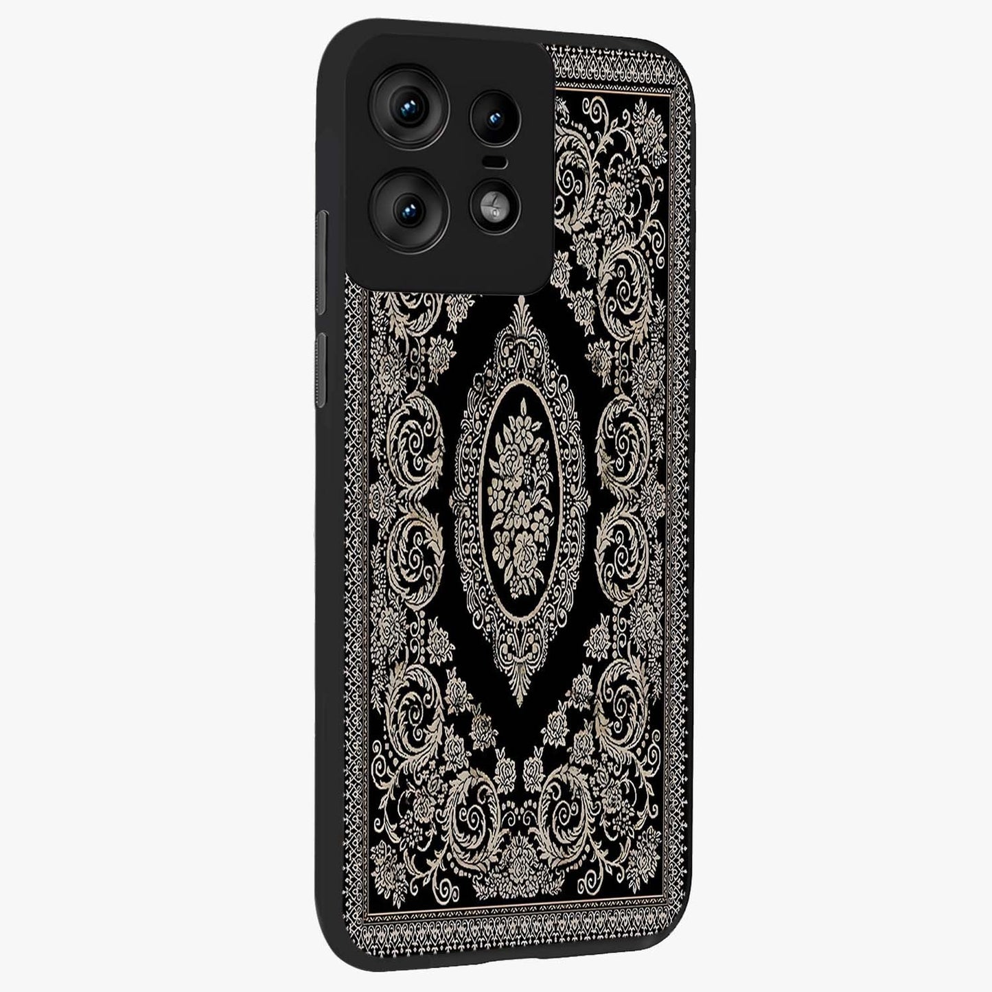 Noir Bloom Elegance Glass Case upright view showcasing graceful floral artwork with luxurious dark theme.