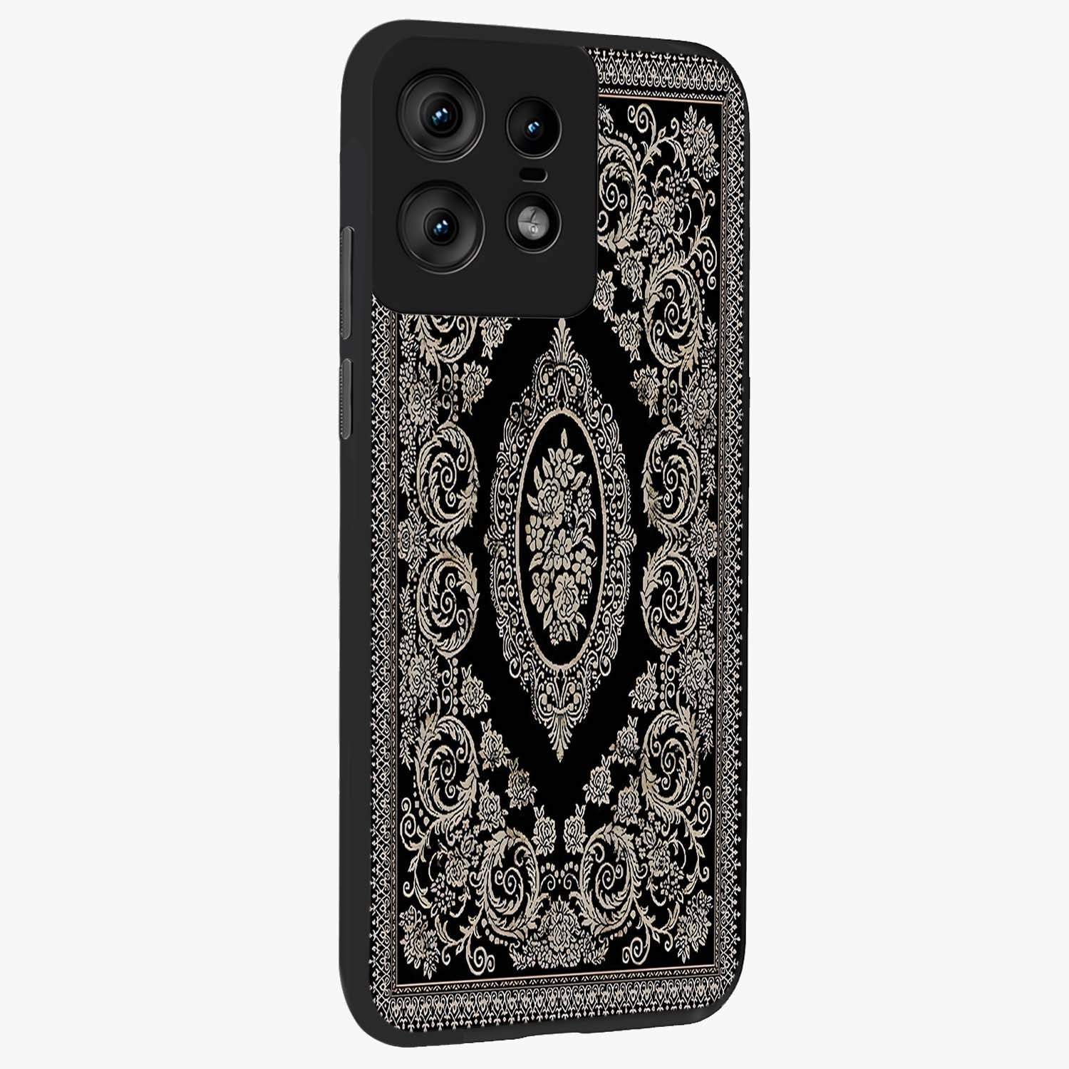 Noir Bloom Elegance Glass Case upright view showcasing graceful floral artwork with luxurious dark theme.