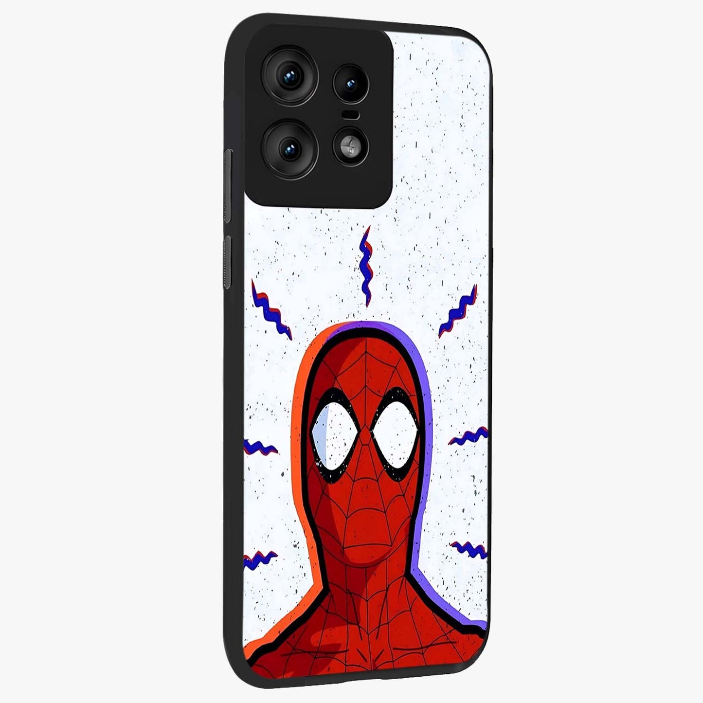 Omg Spiderman Glass Case upright view showcasing energetic superhero artwork with vibrant comic theme.