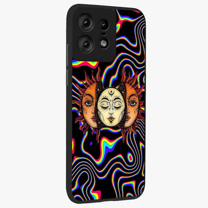 Psychedelic Sun Glass Case upright view showcasing trippy sun artwork with bold psychedelic theme.