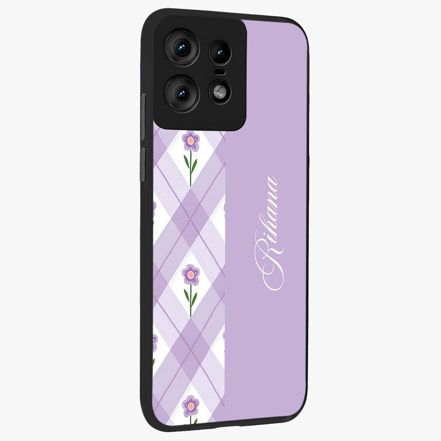 Purple Diamond Floral Glass Case upright view showcasing vibrant floral artwork with stylish geometric theme.