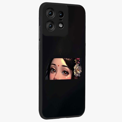 Radha Divine Embrace Glass Case upright view showcasing sacred Radha themed artwork with peaceful devotional style.