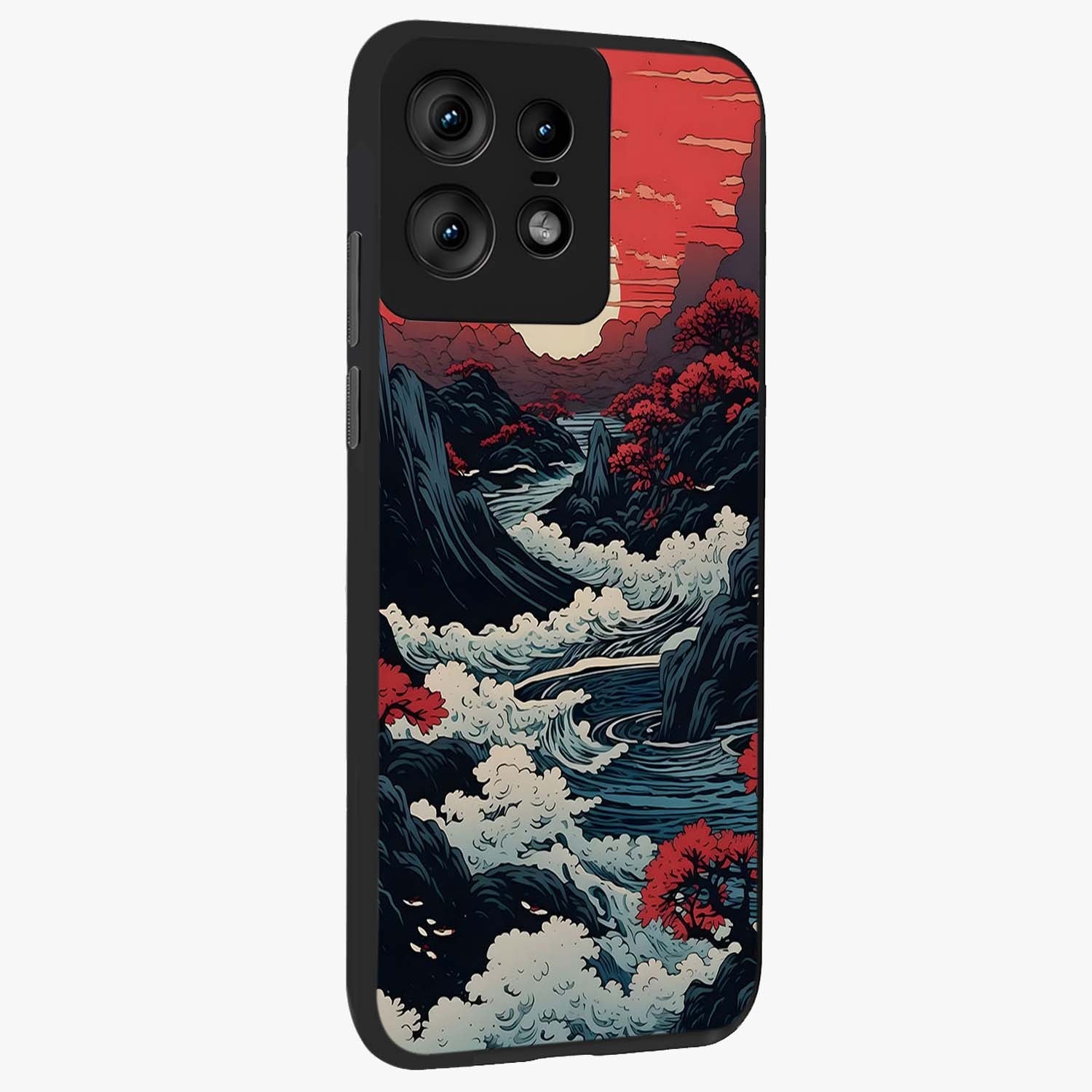 Red Sunset Scenery Glass Case upright view showcasing dramatic sunset scenery artwork with warm nature theme.