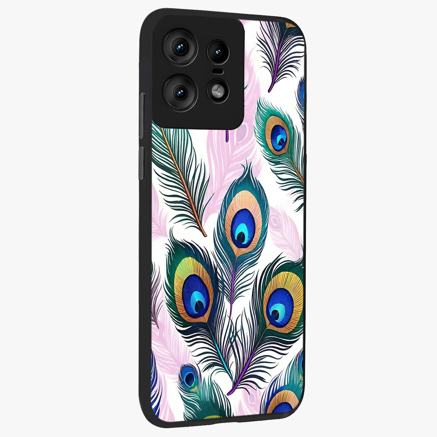 Royal Peacock Feathers Glass Case upright view showcasing elegant peacock feather artwork with decorative royal theme.