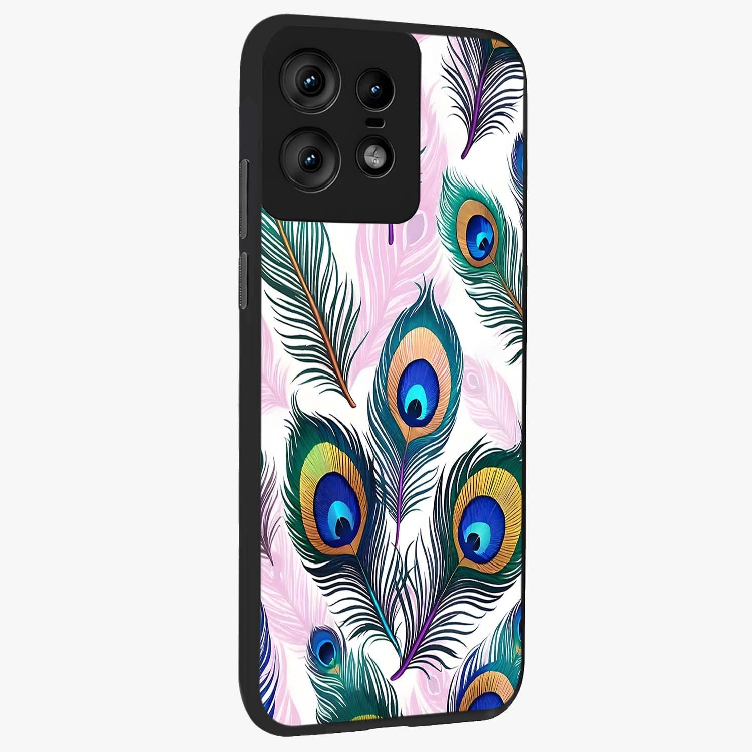 Royal Peacock Feathers Glass Case upright view showcasing elegant peacock feather artwork with decorative royal theme.