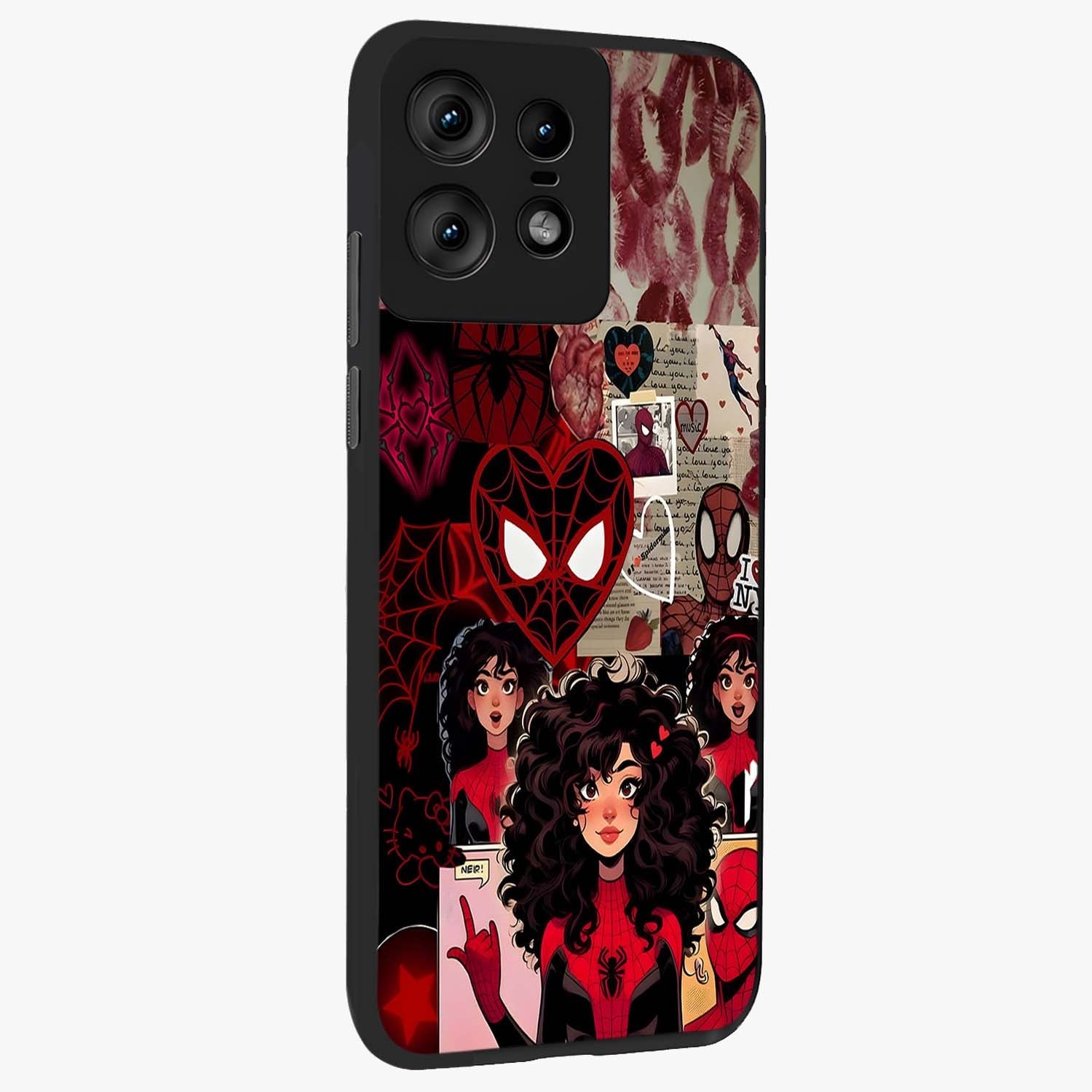 Spider Love Story Glass Case upright view showcasing charming superhero artwork with romantic comic theme.