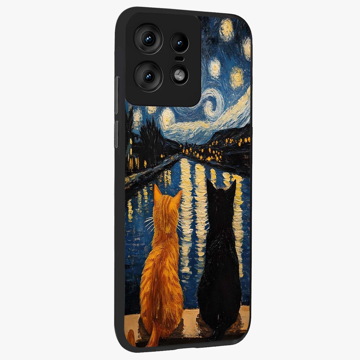 Starry River Cats Glass Case upright view showcasing adorable cat artwork with magical river and stars theme.