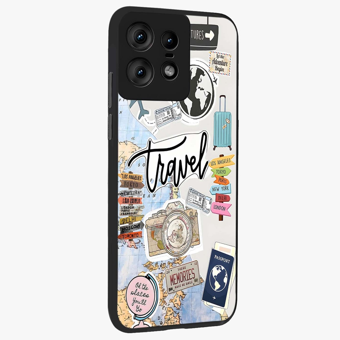 Wanderlust Journal Glass Case upright view showcasing wanderlust inspired artwork with creative exploration theme.