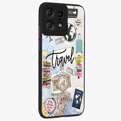 Wanderlust Journal Glass Case upright view showcasing wanderlust inspired artwork with creative exploration theme.