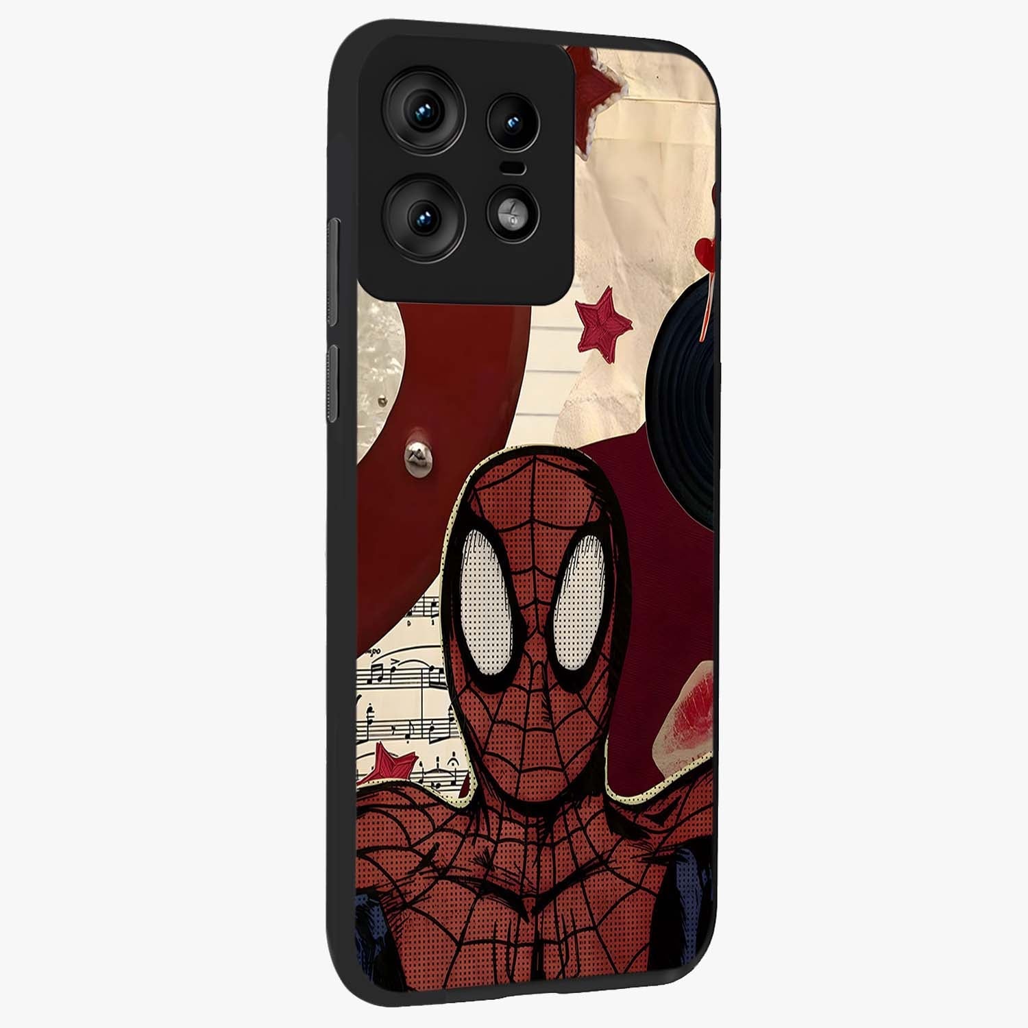Web Warrior Vibes Glass Case upright view showcasing energetic superhero artwork with bold action theme.