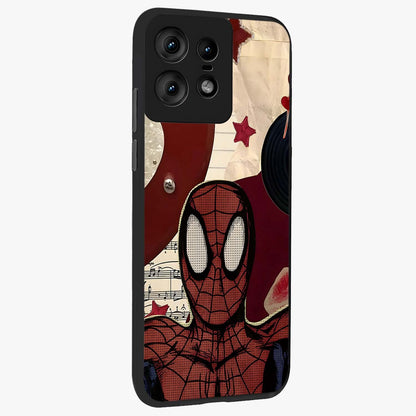 Web Warrior Vibes Glass Case upright view showcasing energetic superhero artwork with bold action theme.