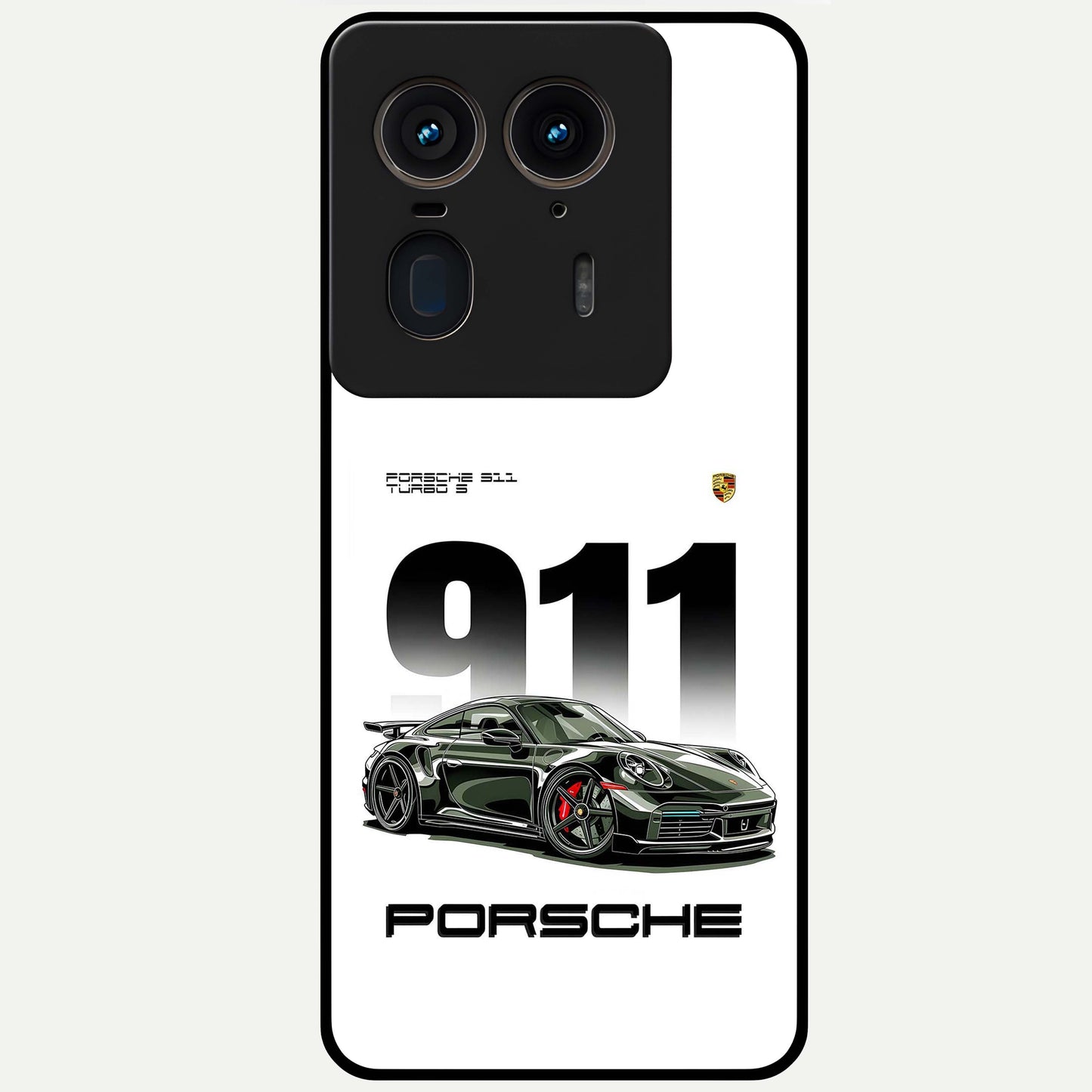 911 Turbo Dominance Glass Case showing clean flat back view with bold 911 sports car artwork and glossy glass finish.