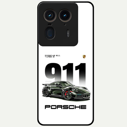 911 Turbo Dominance Glass Case showing clean flat back view with bold 911 sports car artwork and glossy glass finish.
