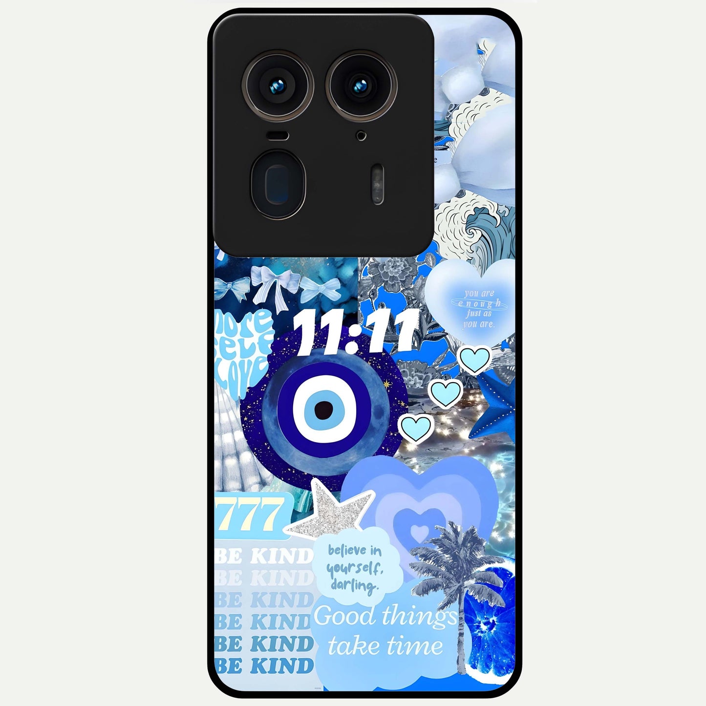 Aesthetic Be Kind Eye Glass Case showing flat back view with motivational eye artwork and glossy glass finish.