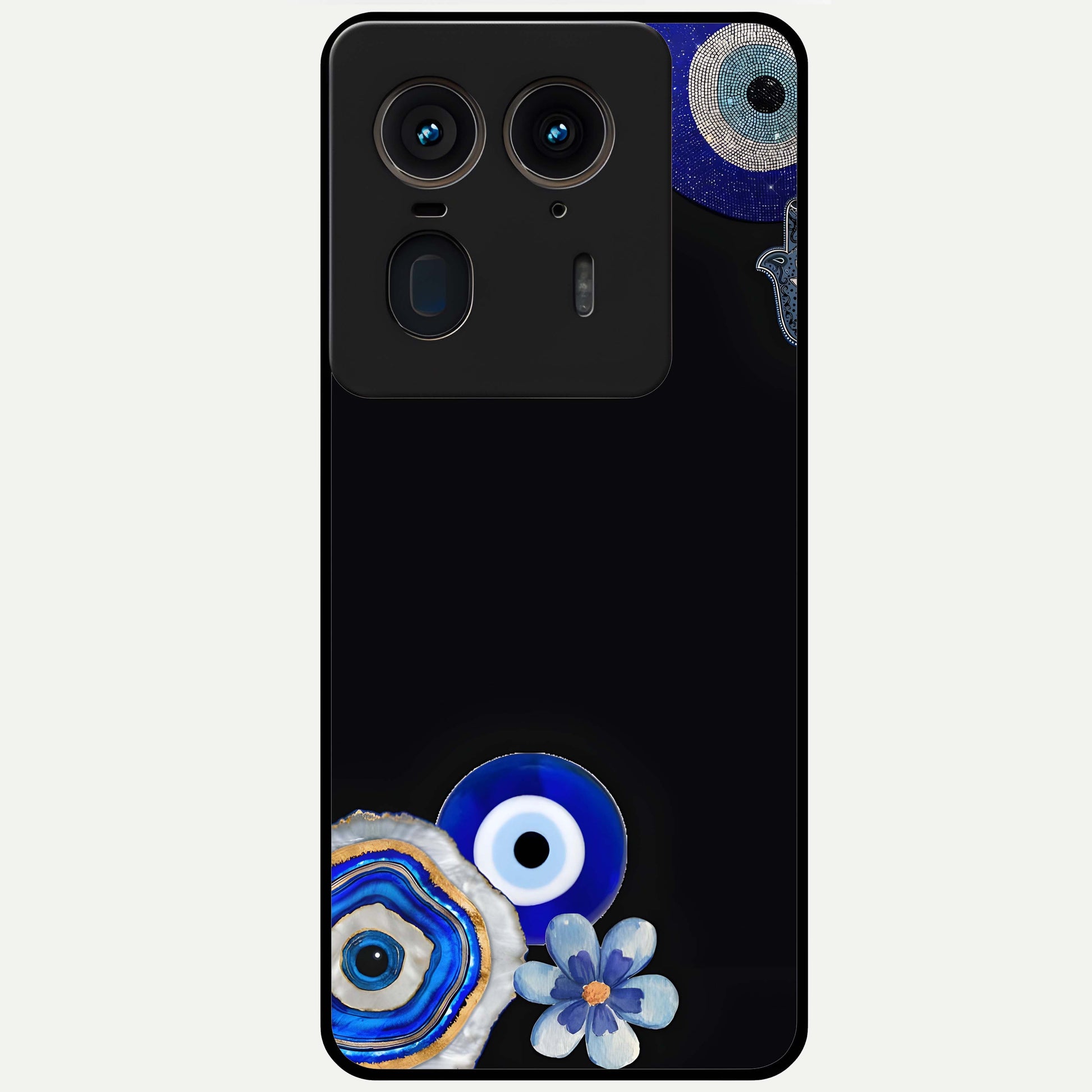 Aesthetic Blue Evil Eye Glass Case showing flat back view with protective evil eye artwork and glossy glass finish.