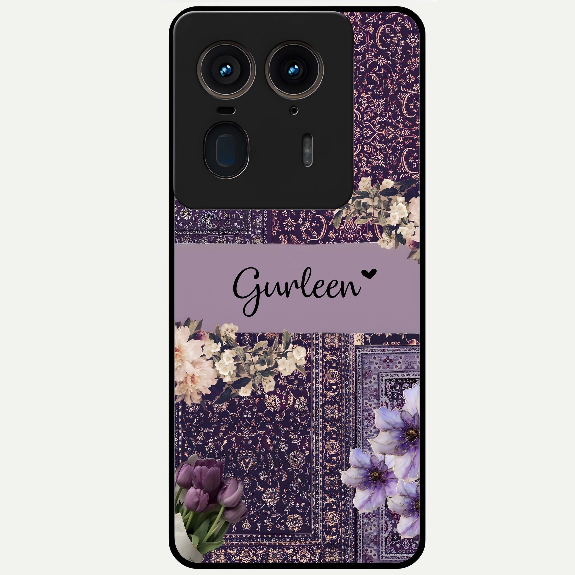 Antique Floral Whisper Custom Name Glass Case showing flat back view with vintage floral artwork and personalized name design.