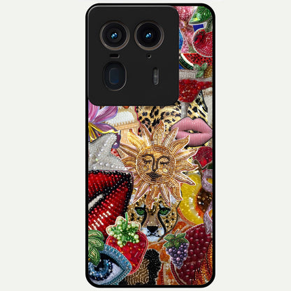 Beaded Fashion Jungle Glass Case showing flat back view with vibrant jungle inspired bead artwork and glossy glass finish.