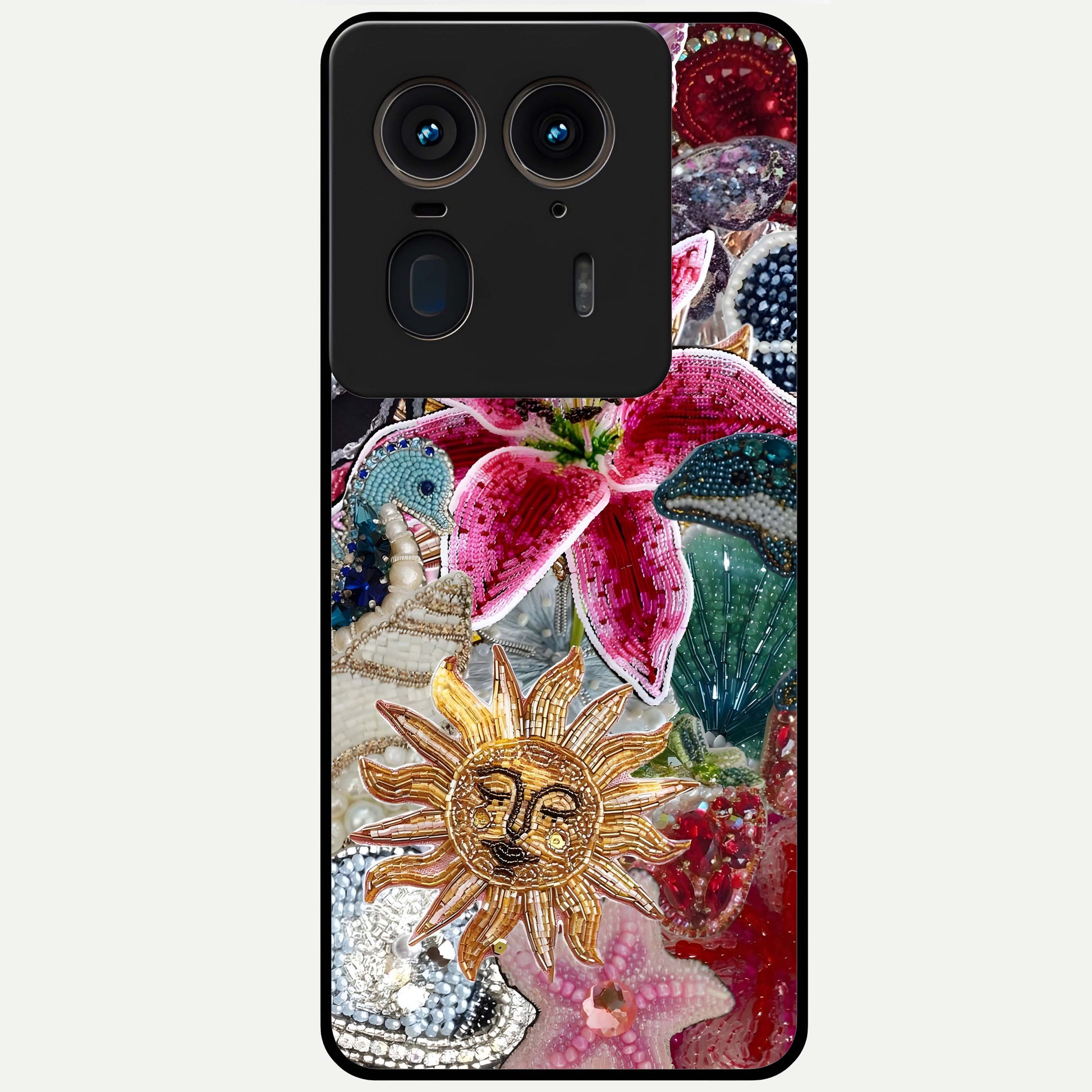 Beaded Garden Fantasy Glass Case showing flat back view with dreamy garden bead artwork and glossy glass finish.