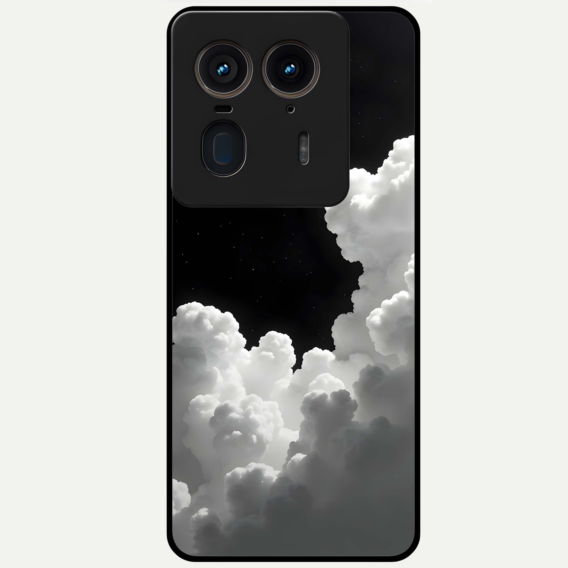 Black Background With White Cloud Glass Case showing flat back view with minimal cloud artwork on dark background and glossy glass finish.