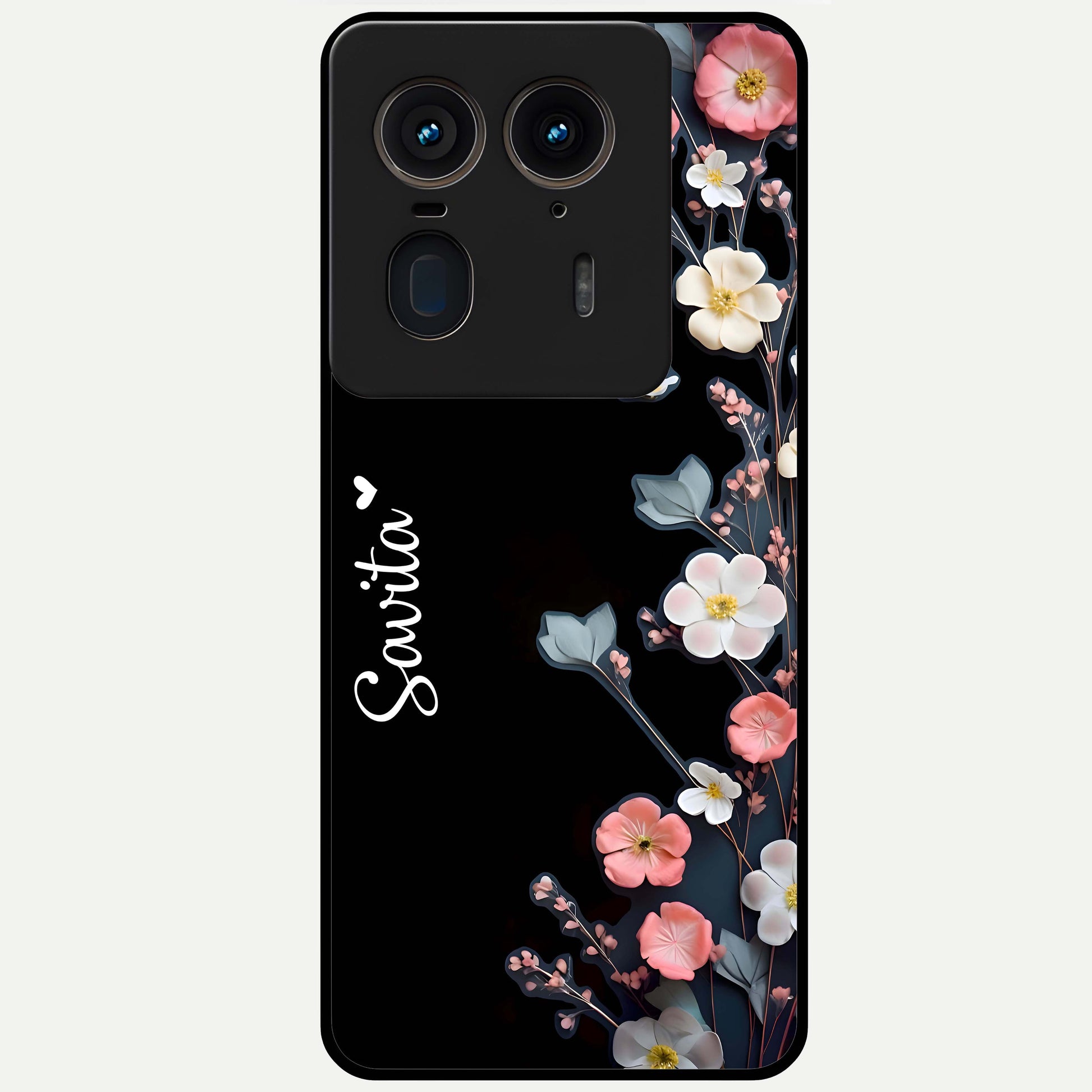 Black Elegance Floral Custom Name Glass Case showing flat back view with elegant floral artwork and personalized name design.
