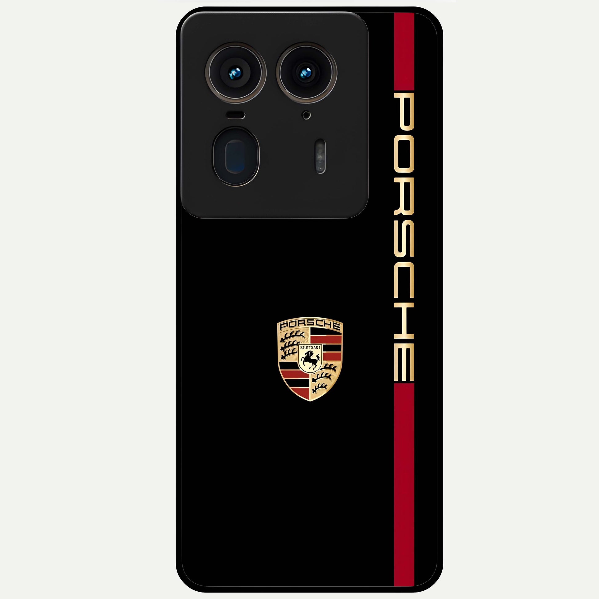 Black Minimal Porsche Glass Case showing flat back view with sleek minimal sports car artwork and glossy glass finish.