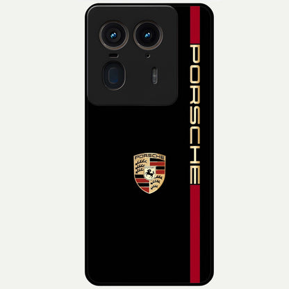 Black Minimal Porsche Glass Case showing flat back view with sleek minimal sports car artwork and glossy glass finish.