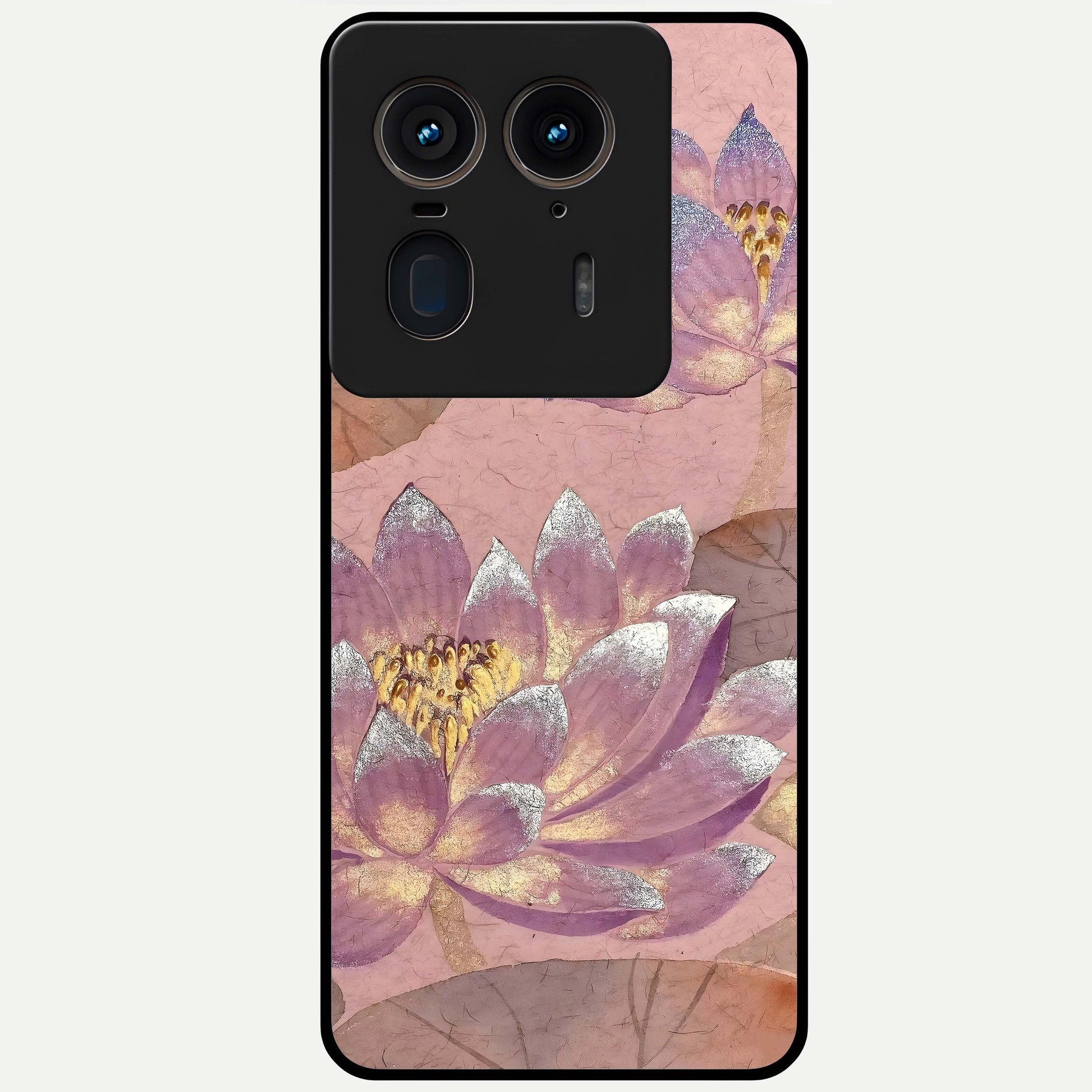 Blossom Mist Lotus Glass Case showing flat back view with serene lotus blossom artwork and glossy glass finish.