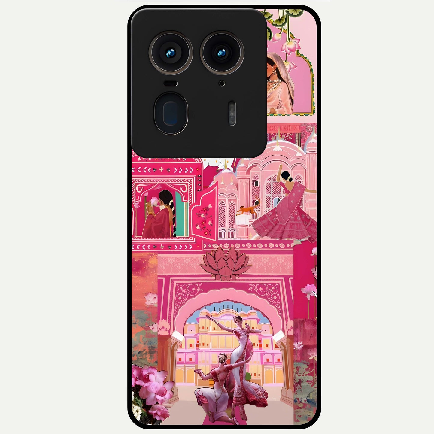 Blossoms of Rajasthan Glass Case showing flat back view with traditional floral artwork inspired by Rajasthan and glossy glass finish.