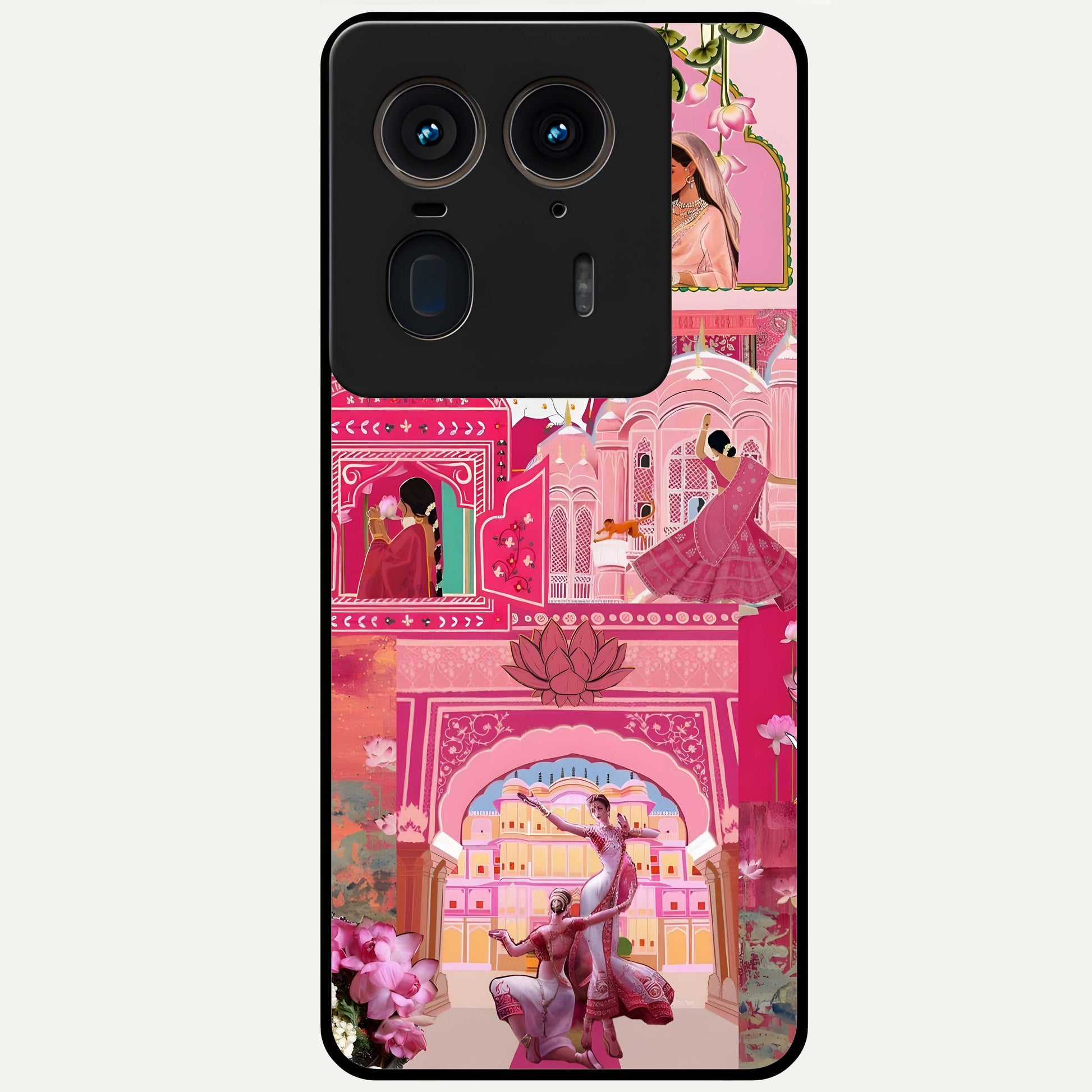 Blossoms of Rajasthan Glass Case showing flat back view with traditional floral artwork inspired by Rajasthan and glossy glass finish.