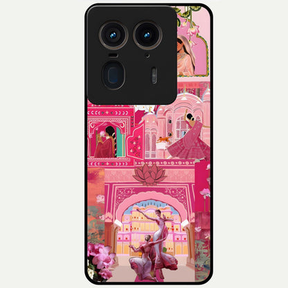 Blossoms of Rajasthan Glass Case showing flat back view with traditional floral artwork inspired by Rajasthan and glossy glass finish.