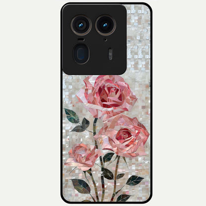 Blush Mosaic Bloom Glass Case showing flat back view with mosaic floral bloom artwork and glossy glass finish.