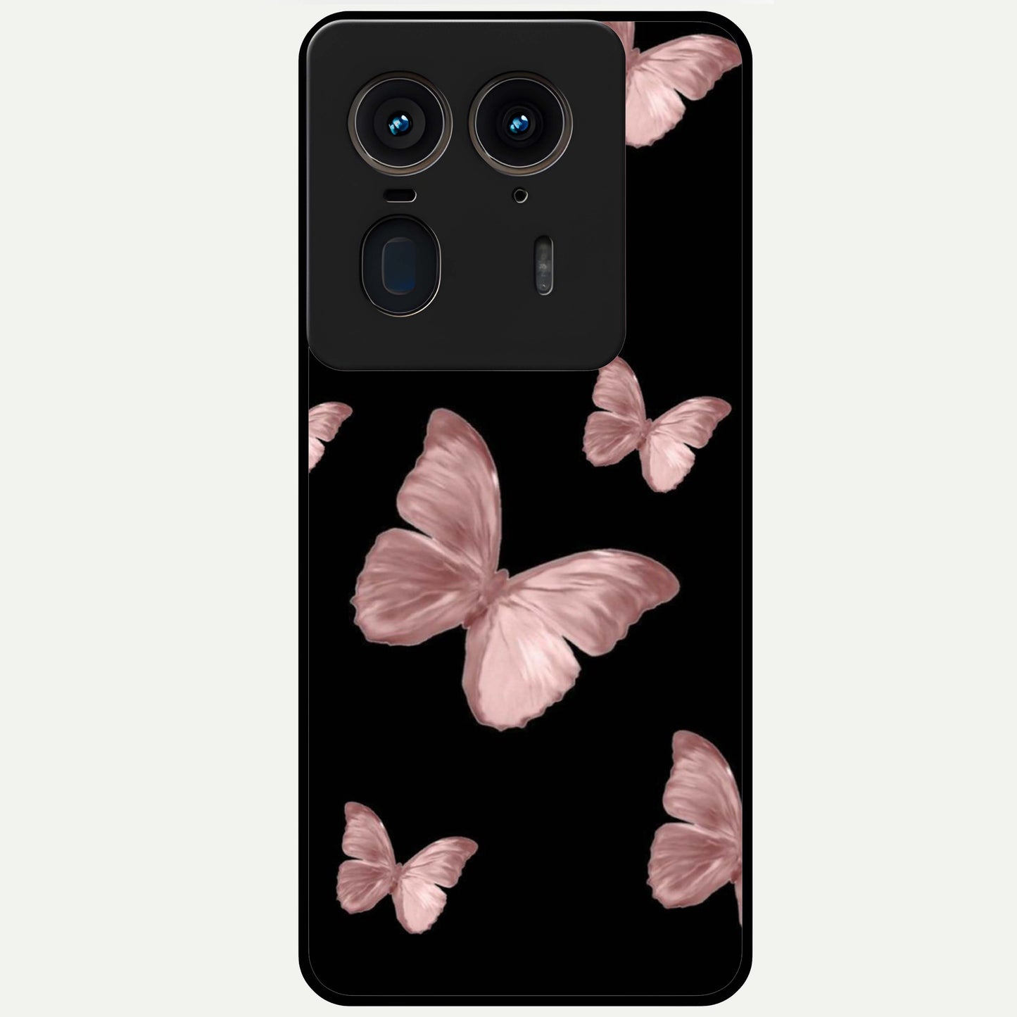 Butterfly Pattern Glass Case showing flat back view with elegant butterfly pattern artwork and glossy glass finish.