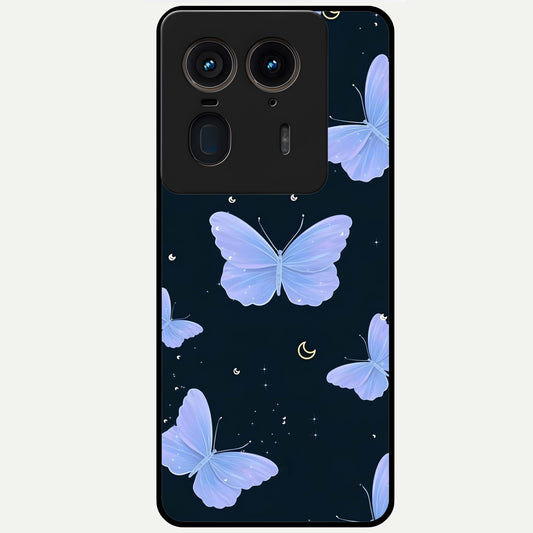 Butterfly With Stars Pattern Glass Case showing flat back view with butterfly and star pattern artwork and glossy glass finish.