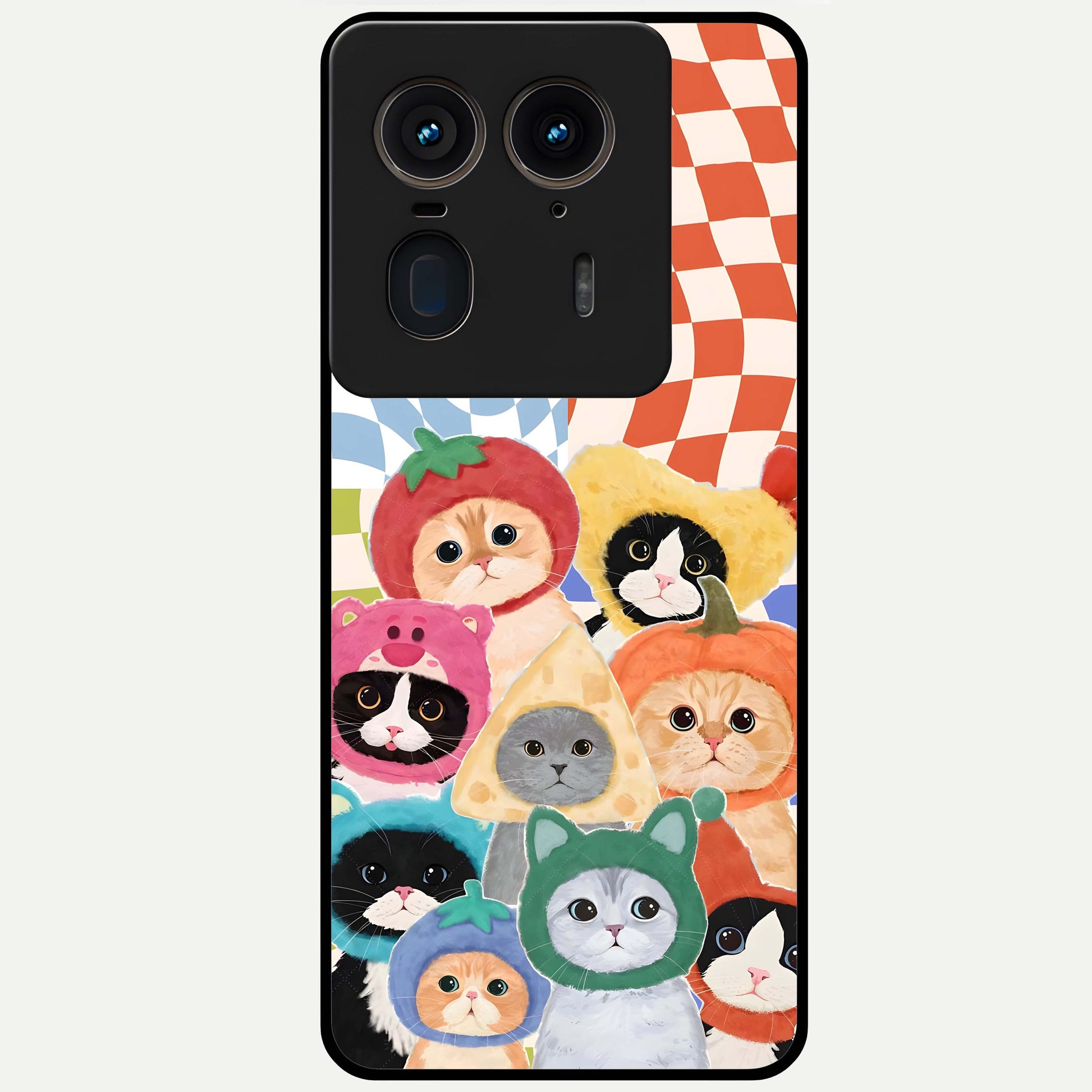 Cats in Fruits Glass Case showing flat back view with playful cat illustrations inside fruit artwork and glossy glass finish.