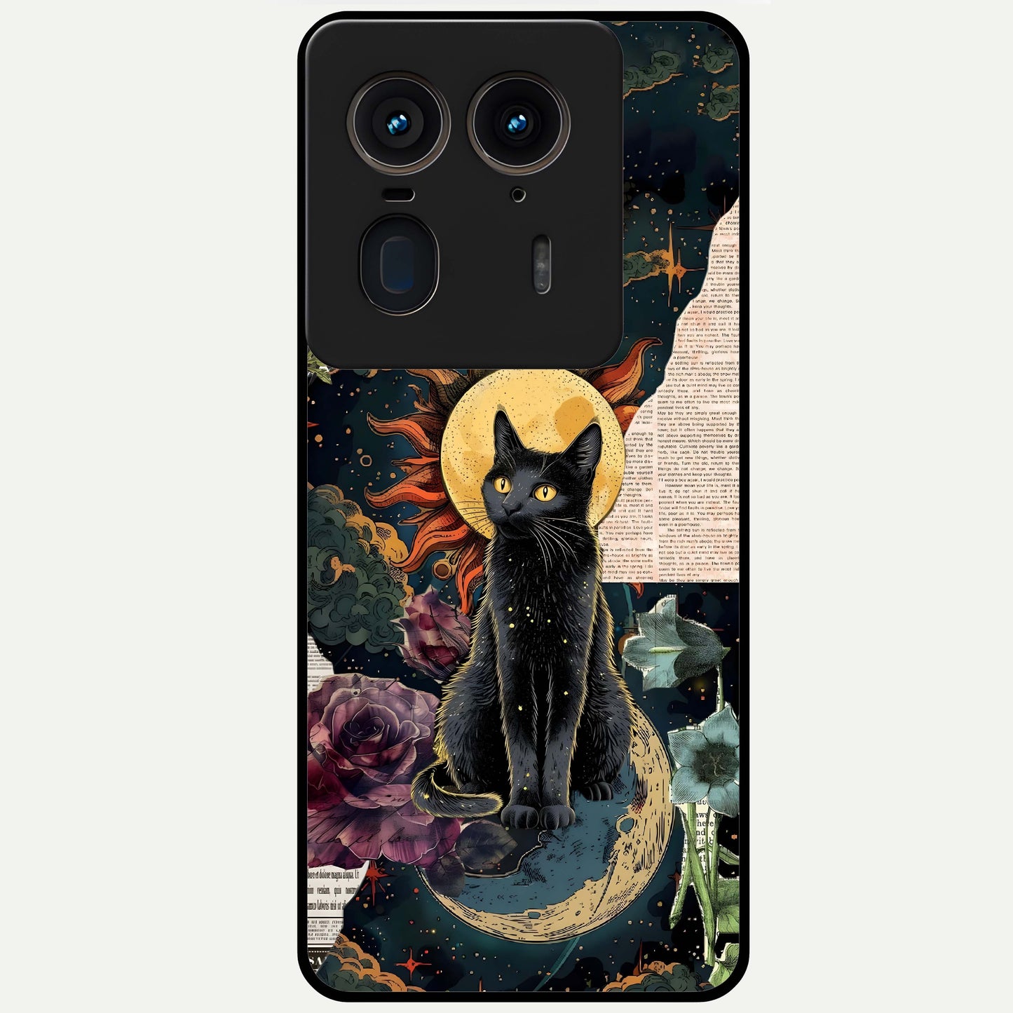 Celestial Black Cat Glass Case showing flat back view with mystical black cat artwork and glossy glass finish.