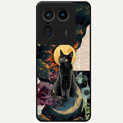 Celestial Black Cat Glass Case showing flat back view with mystical black cat artwork and glossy glass finish.