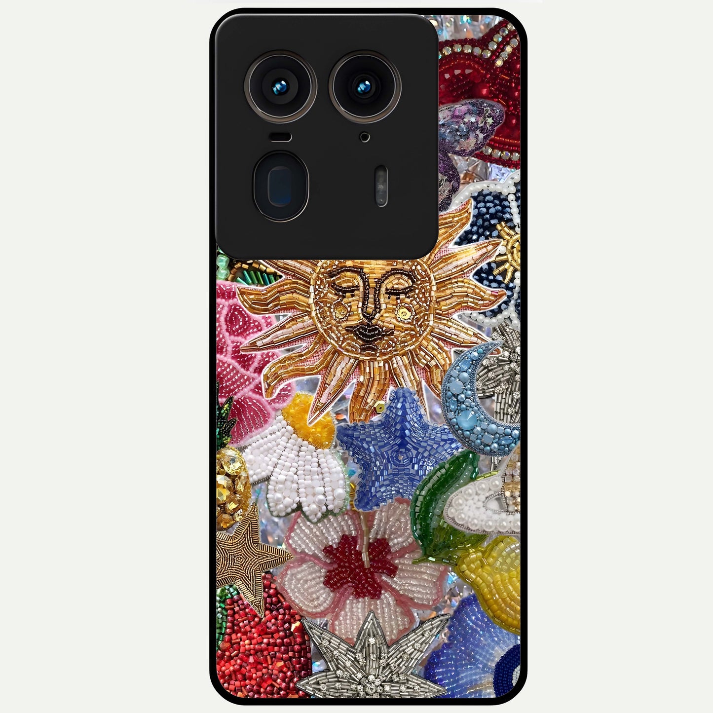 Celestial Floral and Playful Glass Case showing flat back view with floral and celestial themed artwork and glossy glass finish.
