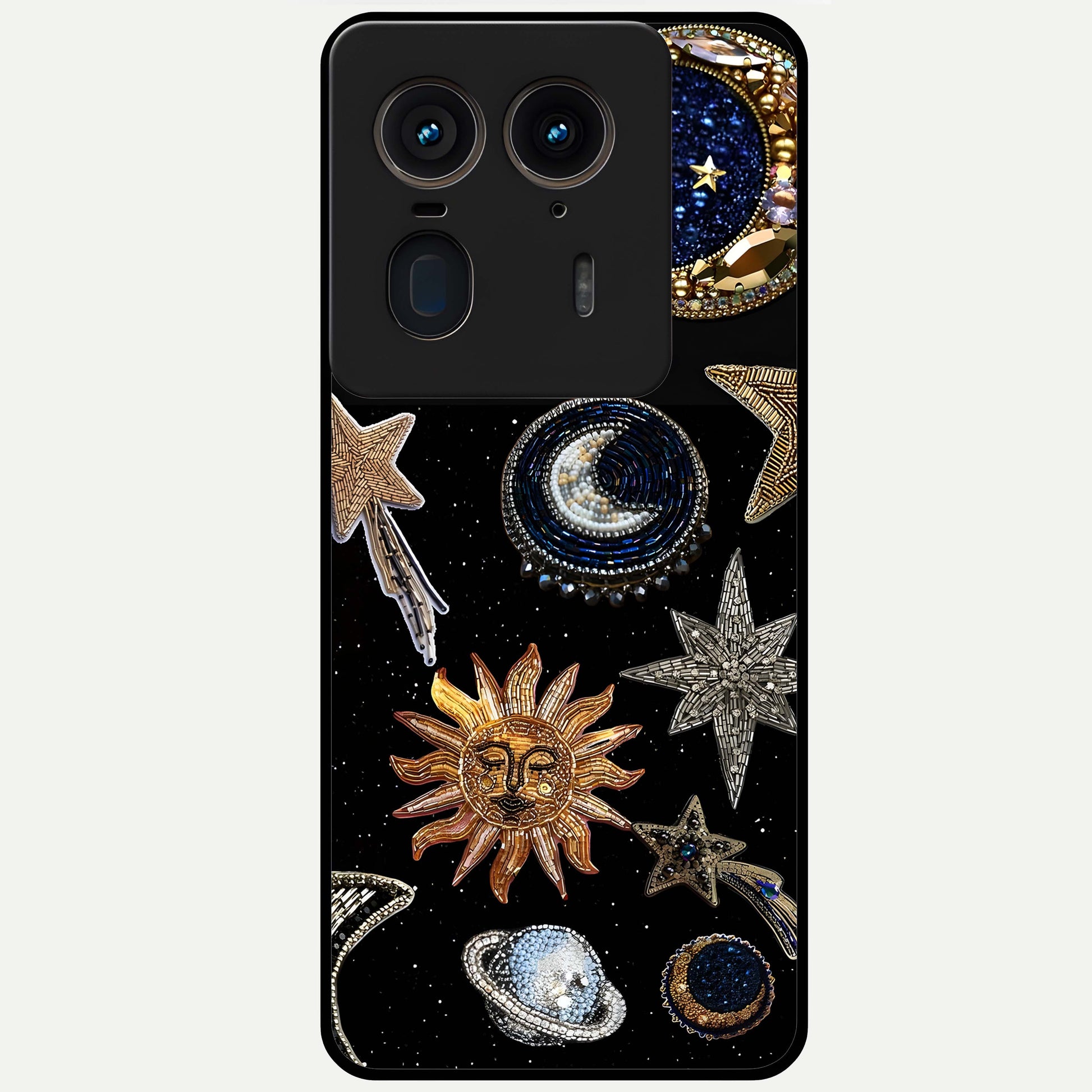 Celestial Gem Constellations Glass Case showing flat back view with sparkling constellation artwork and glossy glass finish.