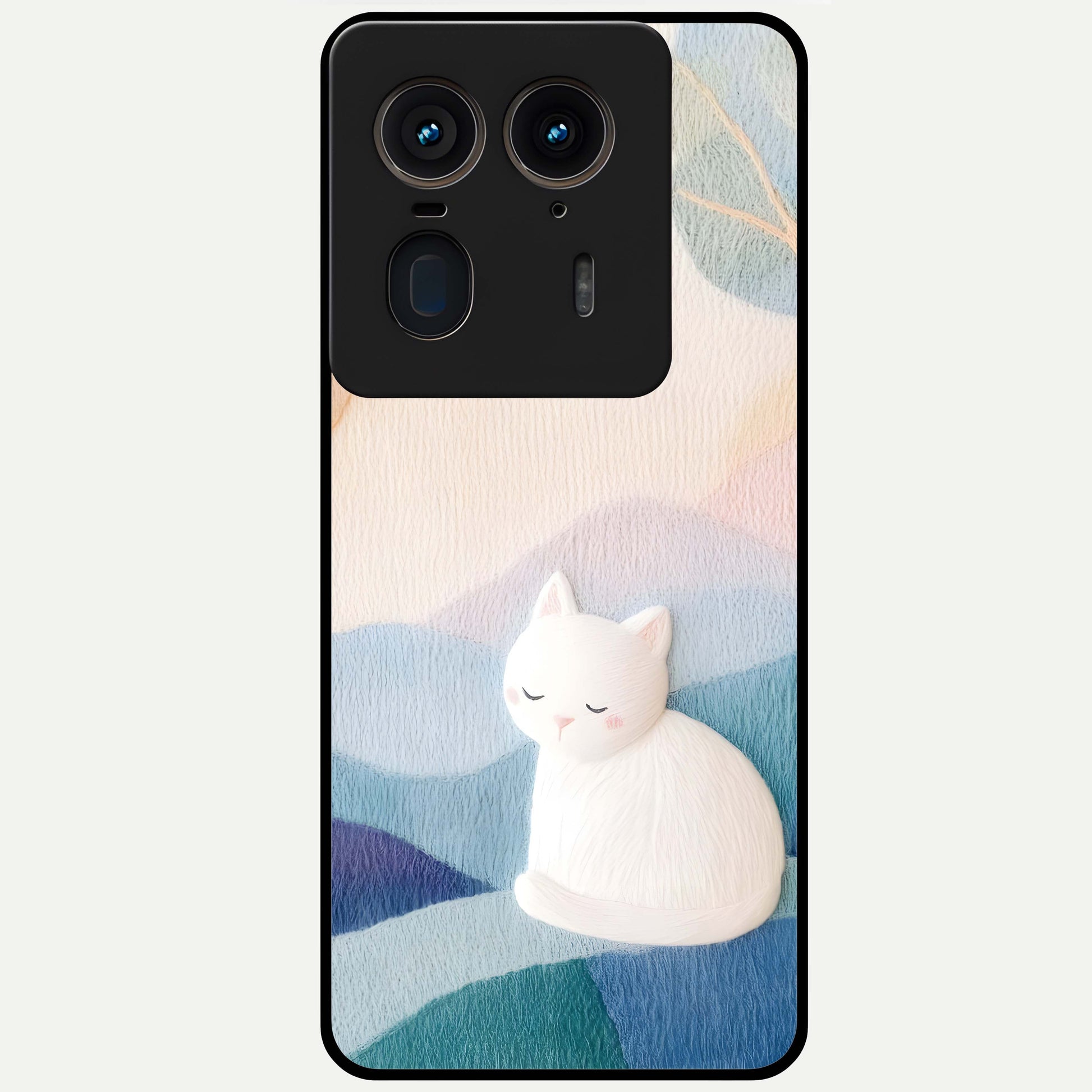 Cotton Dream Cat Glass Case showing flat back view with soft dreamy cat artwork and glossy glass finish.
