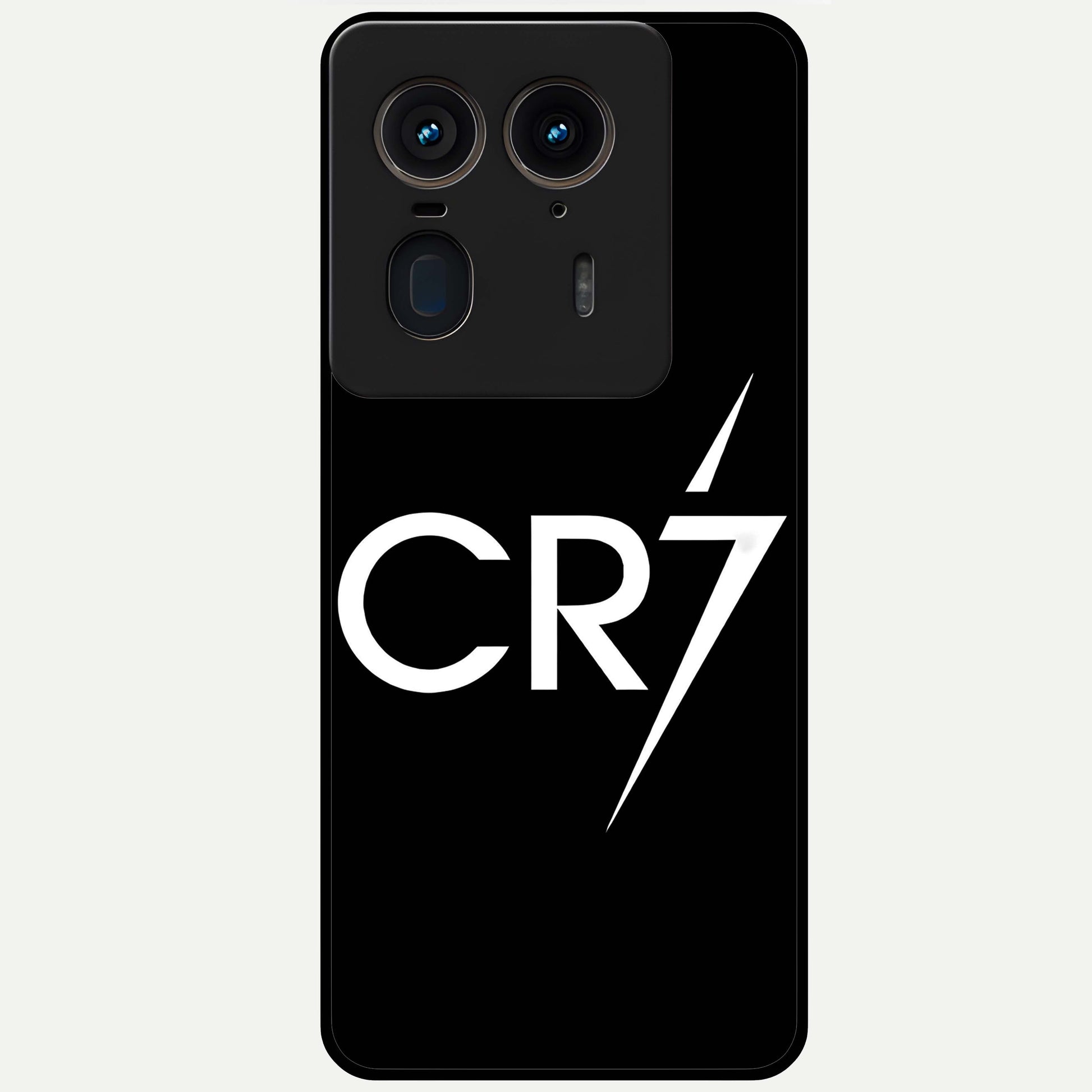 Cr7 Elite Strike Glass Case showing flat back view with dynamic football inspired artwork and glossy glass finish.