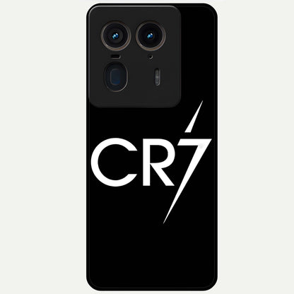 Cr7 Elite Strike Glass Case showing flat back view with dynamic football inspired artwork and glossy glass finish.