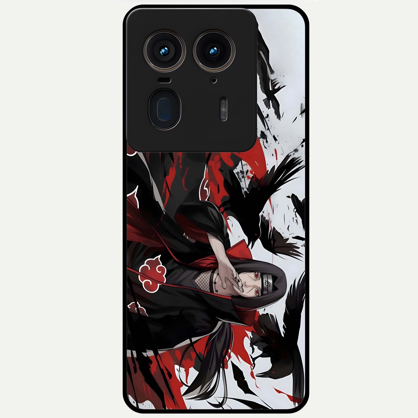 Crimson Crow Illusion Glass Case showing flat back view with artistic crow illusion artwork and glossy glass finish.
