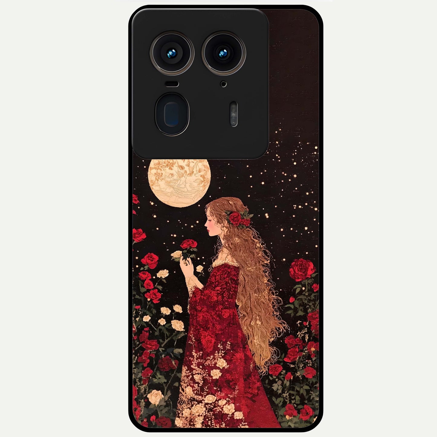 Crimson Dreams Glass Case showing flat back view with dreamy crimson artwork and glossy glass finish.