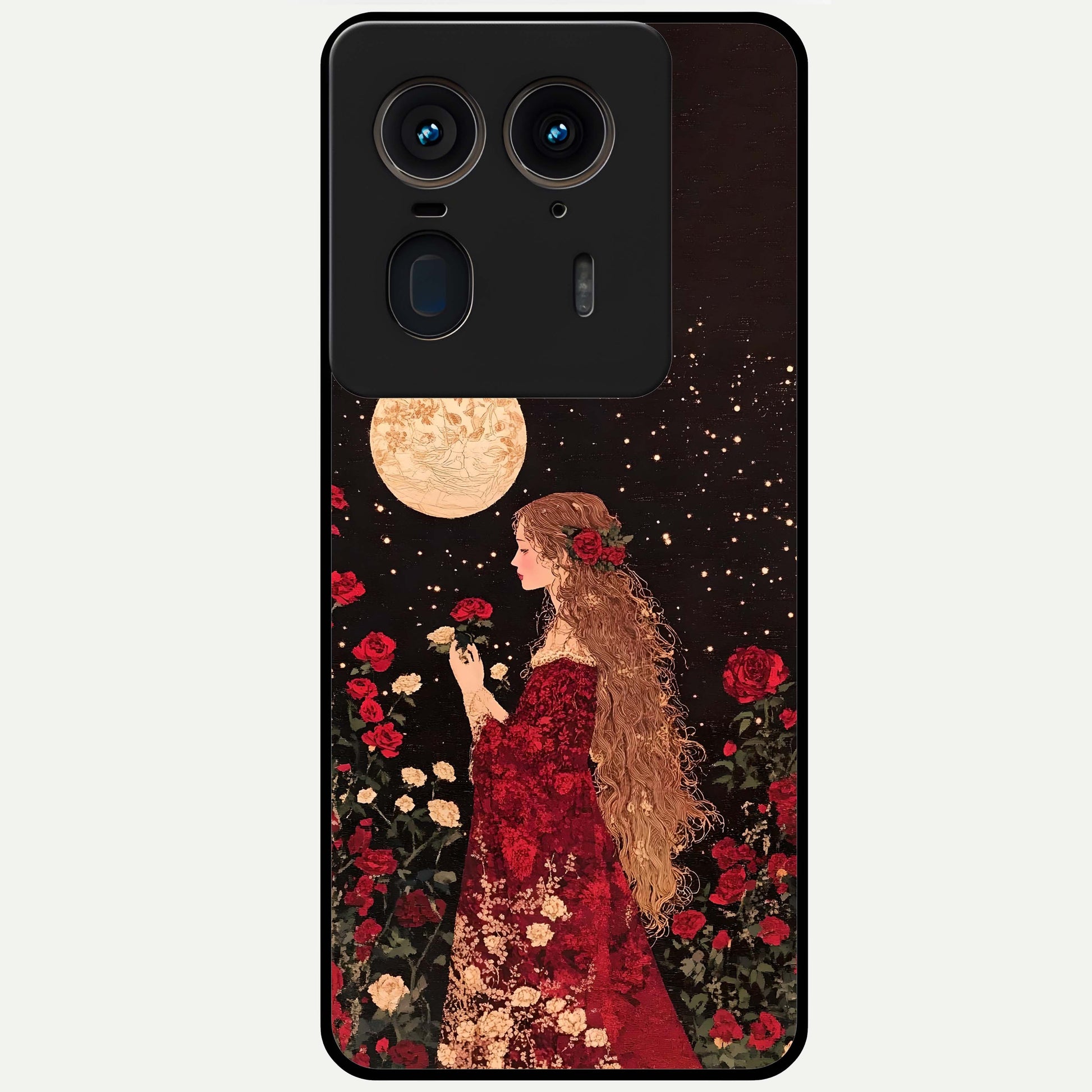 Crimson Dreams Glass Case showing flat back view with dreamy crimson artwork and glossy glass finish.