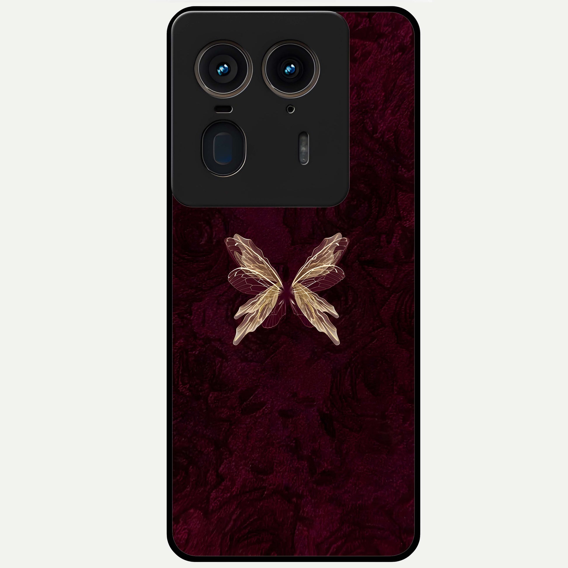 Crimson Fade Butterfly Glass Case showing flat back view with fading butterfly artwork and glossy glass finish.