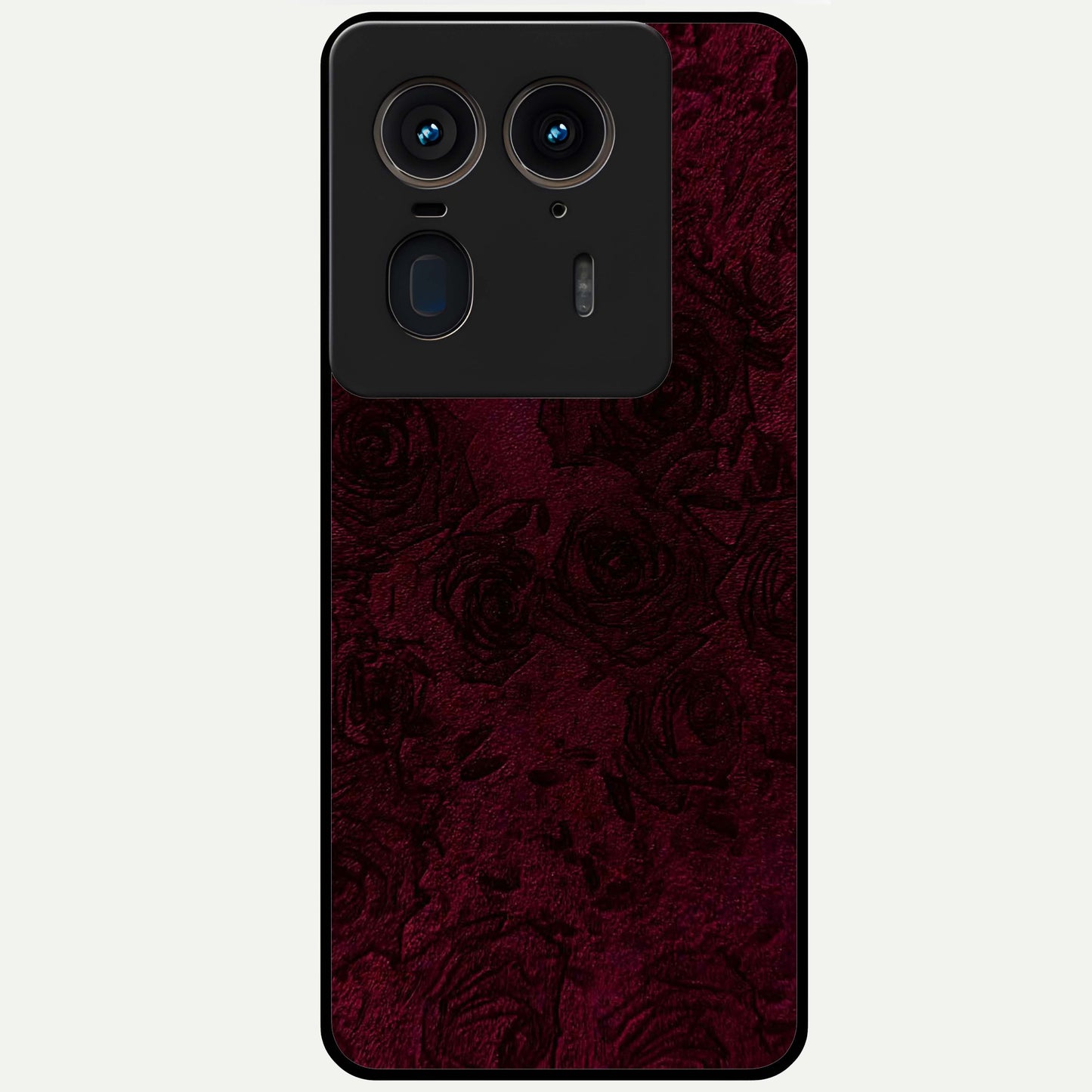 Crimson Fade Flow Glass Case showing flat back view with flowing crimson gradient artwork and glossy glass finish.